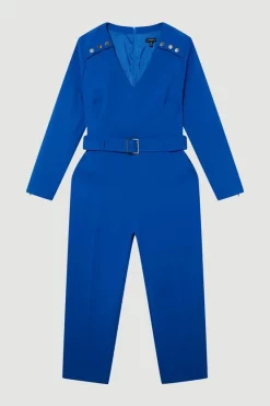 Brand new 🤩 Karen Millen Plus Size Compact Stretch Button Detail Slim Leg Jumpsuit - cobalt ✨ -Occasionwear Popular Store bkk08596 cobalt xl 3