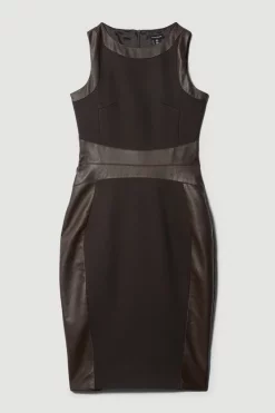 Discount ✔️ Karen Millen Ponte And Faux Leather Pencil Midi 👗 Dress 🌟 -Occasionwear Popular Store bkk08621 chocolate xl 3