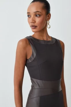 Discount ✔️ Karen Millen Ponte And Faux Leather Pencil Midi 👗 Dress 🌟 -Occasionwear Popular Store bkk08621 chocolate xl 4