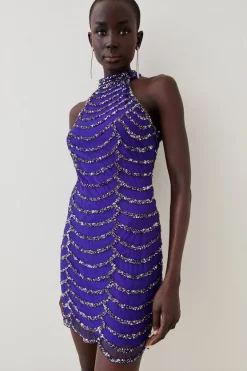 Buy ✨ Karen Millen Tall Draped Beaded High Neck Mini 👗 Dress - electric blue 🥰
