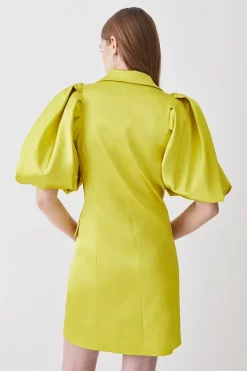 Buy 🎉 Karen Millen Italian Structured Satin Statement Sleeve Double Breasted Mini 👗 Dress ⭐ -Occasionwear Popular Store bkk08636 lime20yellow xl 2