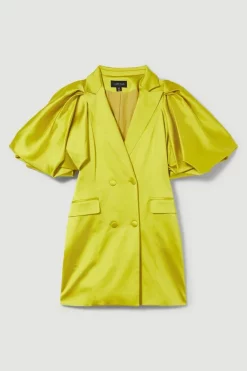 Buy 🎉 Karen Millen Italian Structured Satin Statement Sleeve Double Breasted Mini 👗 Dress ⭐ -Occasionwear Popular Store bkk08636 lime20yellow xl 3