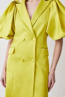 Buy 🎉 Karen Millen Italian Structured Satin Statement Sleeve Double Breasted Mini 👗 Dress ⭐ -Occasionwear Popular Store bkk08636 lime20yellow xl 4