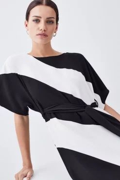 Discount ⭐ Karen Millen Petite Soft Tailored Colour Block Tie Waist Midi 👗 Dress - mono 👍 -Occasionwear Popular Store bkk08676 mono xl 1