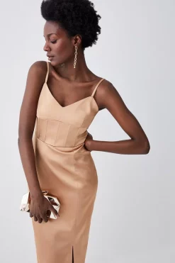 New ⌛ Karen Millen Italian Structured Satin Corset Detail Pencil Midi 👗 Dress ✔️ -Occasionwear Popular Store bkk08704 camel xl 1