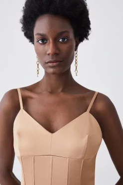 New ⌛ Karen Millen Italian Structured Satin Corset Detail Pencil Midi 👗 Dress ✔️ -Occasionwear Popular Store bkk08704 camel xl 2