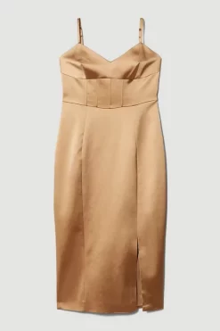 New ⌛ Karen Millen Italian Structured Satin Corset Detail Pencil Midi 👗 Dress ✔️ -Occasionwear Popular Store bkk08704 camel xl 3