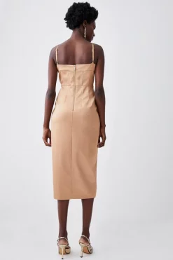 New ⌛ Karen Millen Italian Structured Satin Corset Detail Pencil Midi 👗 Dress ✔️ -Occasionwear Popular Store bkk08704 camel xl 4