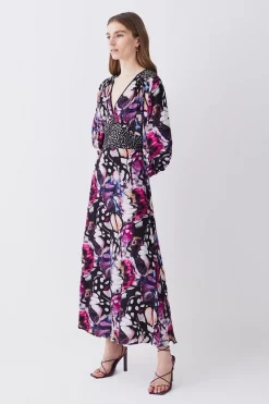 Cheap 🔔 Karen Millen Butterfly Print Plunge Neck Woven Midi 👗 Dress - purple 🔥