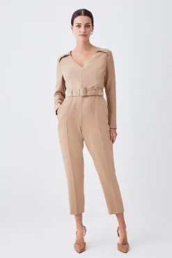 Cheapest 🎁 Karen Millen Petite Compact Stretch Button Detail Slim Leg Jumpsuit - camel 😀