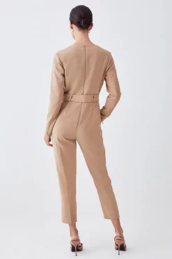 Cheapest 🎁 Karen Millen Petite Compact Stretch Button Detail Slim Leg Jumpsuit - camel 😀 -Occasionwear Popular Store bkk08918 camel xl 2