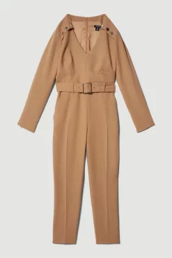 Cheapest 🎁 Karen Millen Petite Compact Stretch Button Detail Slim Leg Jumpsuit - camel 😀 -Occasionwear Popular Store bkk08918 camel xl 3