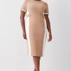 New 😍 Karen Millen Plus Size Compact Stretch Contrast Panel Midi Pencil 👗 Dress - camel 🔥 -Occasionwear Popular Store bkk09116 camel xl