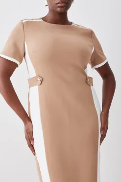 New 😍 Karen Millen Plus Size Compact Stretch Contrast Panel Midi Pencil 👗 Dress - camel 🔥 -Occasionwear Popular Store bkk09116 camel xl 1