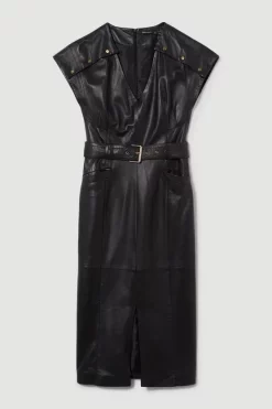 Discount 🧨 Karen Millen Tall Leather Button Detail Shoulder Belted Midi Pencil 👗 Dress - black ✨ -Occasionwear Popular Store bkk09264 black xl 3