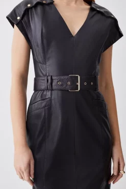 Discount 🧨 Karen Millen Tall Leather Button Detail Shoulder Belted Midi Pencil 👗 Dress - black ✨ -Occasionwear Popular Store bkk09264 black xl 4