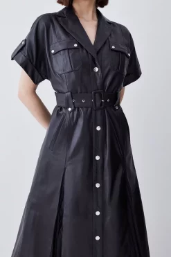 Flash Sale 🤩 Karen Millen Leather Belted Button Detail 👕 Shirt Midi 👗 Dress - black 👏 -Occasionwear Popular Store bkk09274 black xl 1