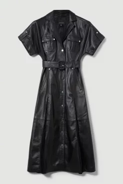 Flash Sale 🤩 Karen Millen Leather Belted Button Detail 👕 Shirt Midi 👗 Dress - black 👏 -Occasionwear Popular Store bkk09274 black xl 3