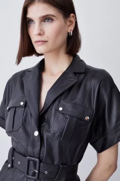 Flash Sale 🤩 Karen Millen Leather Belted Button Detail 👕 Shirt Midi 👗 Dress - black 👏 -Occasionwear Popular Store bkk09274 black xl 4