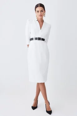 Best deal 😍 Karen Millen Petite Compact Stretch Belted Forever Belted Midi 👗 Dress - ivory ⌛