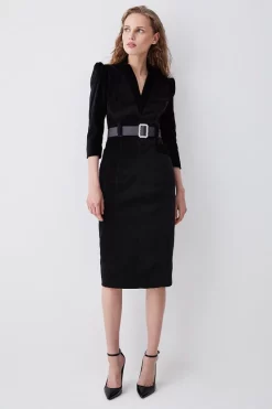 Outlet 👏 Karen Millen Velvet Forever Diamante Belted Pencil Midi 👗 Dress - black 😀