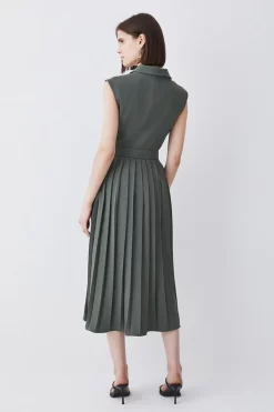 Hot Sale 😉 Karen Millen Tall Military Pleat Sleeveless Midi 👗 Dress - khaki 💯 -Occasionwear Popular Store bkk09786 khaki xl 2