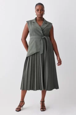 Cheapest 🎁 Karen Millen Plus Size Military Pleat Sleeveless Midi 👗 Dress - khaki ✔️