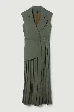 Cheapest 🎁 Karen Millen Plus Size Military Pleat Sleeveless Midi 👗 Dress - khaki ✔️ -Occasionwear Popular Store bkk09787 khaki xl 3
