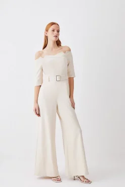Wholesale 👏 Karen Millen Petite Structured Crepe Off Shoulder Wide Leg Jumpsuit - cream 👏