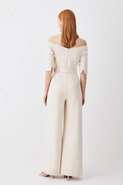 Wholesale 👏 Karen Millen Petite Structured Crepe Off Shoulder Wide Leg Jumpsuit - cream 👏 -Occasionwear Popular Store bkk09902 cream xl 2