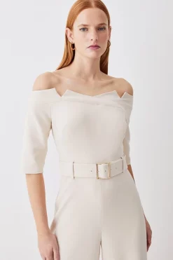Wholesale 👏 Karen Millen Petite Structured Crepe Off Shoulder Wide Leg Jumpsuit - cream 👏 -Occasionwear Popular Store bkk09902 cream xl 4