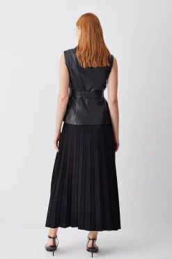 Flash Sale 🧨 Karen Millen Petite Sleeveless Leather Wrap Pleat 👗 Skirt Midi 👗 Dress - black 😀 -Occasionwear Popular Store bkk10138 black xl 2