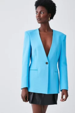 Best reviews of 👏 Karen Millen Compact Stretch Tailored Collarless Blazer 🎉 -Occasionwear Popular Store womens aqua compact stretch tailored collarless blazer 1