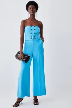 Coupon 😀 Karen Millen Compact Stretch Tux Bandeau Wide Leg Jumpsuit 🎁 -Occasionwear Popular Store womens aqua compact stretch tux bandeau wide leg jumpsuit 1