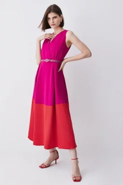 Budget ✨ Karen Millen Soft Tailored Full 👗 Skirt Belted Colour Block Midi 👗 Dress 🎁 -Occasionwear Popular Store womens berry soft tailored full skirt belted colour block midi dress 1