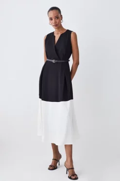 Budget ✨ Karen Millen Soft Tailored Full 👗 Skirt Belted Colour Block Midi 👗 Dress 🎁 -Occasionwear Popular Store womens berry soft tailored full skirt belted colour block midi dress