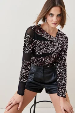 New 😍 Karen Millen All Over Sequin Jersey Mesh Top 👍 -Occasionwear Popular Store womens black all over sequin jersey mesh top 1