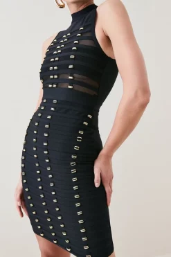 Cheap ⭐ Karen Millen All Over Trimmed Bandage And Mesh Mini 👗 Dress 😉 -Occasionwear Popular Store womens black all over trimmed bandage and mesh mini dress