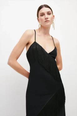 Budget 🌟 Karen Millen Asymmetric Fringe Strappy Cami Midi 👗 Dress ✔️ -Occasionwear Popular Store womens black asymmetric fringe strappy cami midi dress