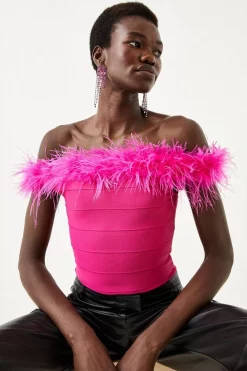 Promo 🔔 Karen Millen Bandage Bardot Feather Knit Top 👏 -Occasionwear Popular Store womens black bandage bardot feather knit top 1