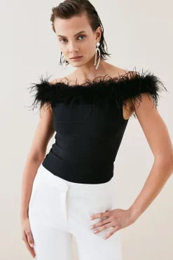 Promo 🔔 Karen Millen Bandage Bardot Feather Knit Top 👏 -Occasionwear Popular Store womens black bandage bardot feather knit top 2