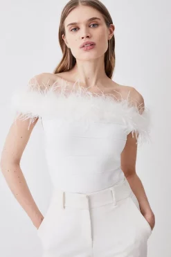 Promo 🔔 Karen Millen Bandage Bardot Feather Knit Top 👏 -Occasionwear Popular Store womens black bandage bardot feather knit top
