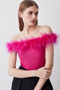 Promo 🔔 Karen Millen Bandage Bardot Feather Knit Top 👏 -Occasionwear Popular Store womens black bandage bardot feather knit top 3