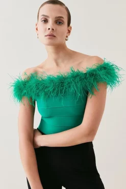 Promo 🔔 Karen Millen Bandage Bardot Feather Knit Top 👏 -Occasionwear Popular Store womens black bandage bardot feather knit top 4