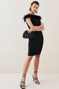 Cheap ⌛ Karen Millen Bandage Feather Bardot Knit Mini 👗 Dress ⌛ -Occasionwear Popular Store womens black bandage feather bardot knit mini dress