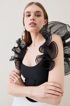 Best Sale 🤩 Karen Millen Bandage Organza Frill Detail Top 😉 -Occasionwear Popular Store womens black bandage organza frill detail top 1