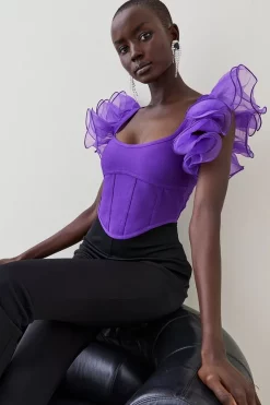 Best Sale 🤩 Karen Millen Bandage Organza Frill Detail Top 😉 -Occasionwear Popular Store womens black bandage organza frill detail top