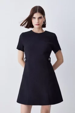 Hot Sale 🤩 Karen Millen Boucle Tab Button Detail A Line Mini 👗 Dress ⭐ -Occasionwear Popular Store womens black boucle tab button detail a line mini dress 1