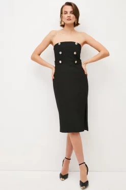 Best Pirce ❤️ Karen Millen Compact Stretch Button Bandeau Midi 👗 Dress 🥰 -Occasionwear Popular Store womens black compact stretch button bandeau midi dress 1 1