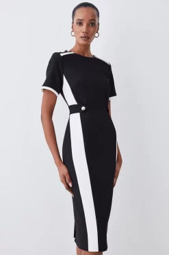 Flash Sale 👍 Karen Millen Compact Stretch Contrast Panel Midi Pencil 👗 Dress ❤️ -Occasionwear Popular Store womens black compact stretch contrast panel midi pencil dress 1